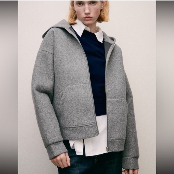 New Zara Soft Neoprene Effect Zip Front Hoodie Bomber Jacket NWT Small - Picture 4 of 16